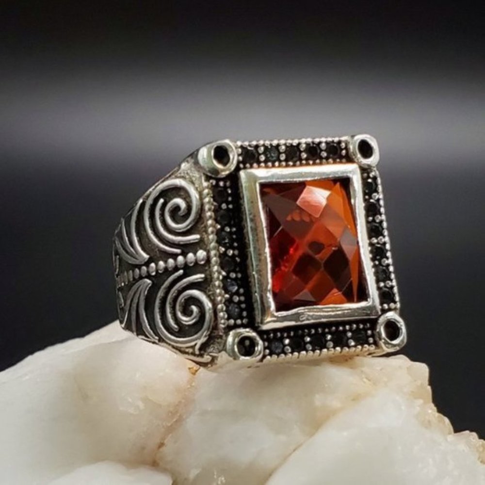 Men's Jewelry Solid Silver 925 Ring Natural Garnet/Black Topaz Man